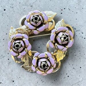 Vintage Enamel Rose Wreath Brooch